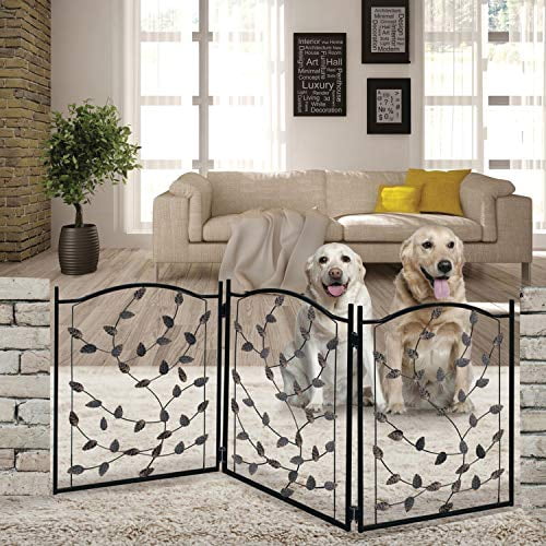23.5"H Folding 3-Panel Free-Standing Pet Gate with Metal Leaf Design
