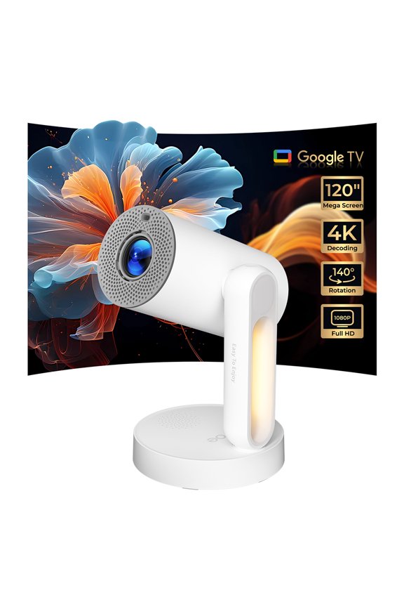Starfish Plus Projector with Built-in Google TV, 140 Rotation & Automatic Screen Adjustment, Voice-Assisted Setup, Touch Night Light, Netflix/Google Certified for Home & Outdoor Use