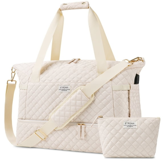 ETRONIK Gym Duffel Bag with USB Charging Port, Wet Pocket and Shoes Compartment for Women, Yoga (Beige)