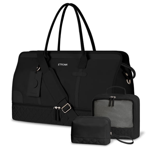 ETRONIK Large Gym Duffel Bag with Toiletry Bag, Shoe Compartment and Wet Pocket for Women, Travel, Yoga 4 Pcs Set, Black