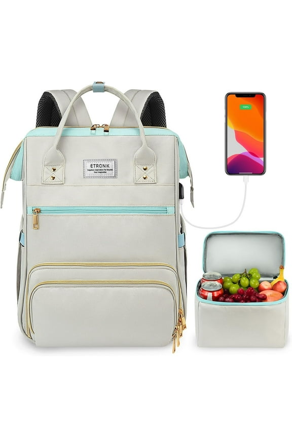 Lunch Backpack, 15.6 Inch Laptop Backpack with USB Port, Stylish Nurse, Teacher Work Bag with Insulated Cooler Lunch Box for Women Men/Travel, Grey Blue 15.6 inch Blue Grey