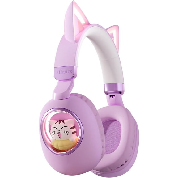 ETSEGA Kids Pink Cat Ear Headphones, Cute Kids Girls Wireless Bluetooth Headphones, For School, Kindergarten Light Up Kawaii Kitten Noise Cancelling Headphones, Purple