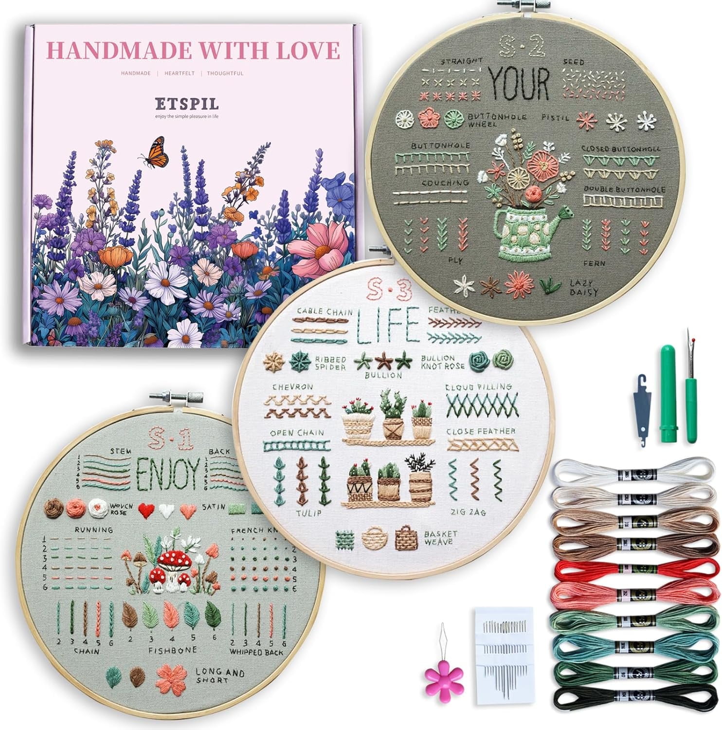 CLIQKWEN 3 Sets Embroidery Kit for Beginners ，Plant Kits for Adults Learn 33 Different Stitches，Includes Stamped Pattern, Easy to Follow Instruction & Video (Plant C)