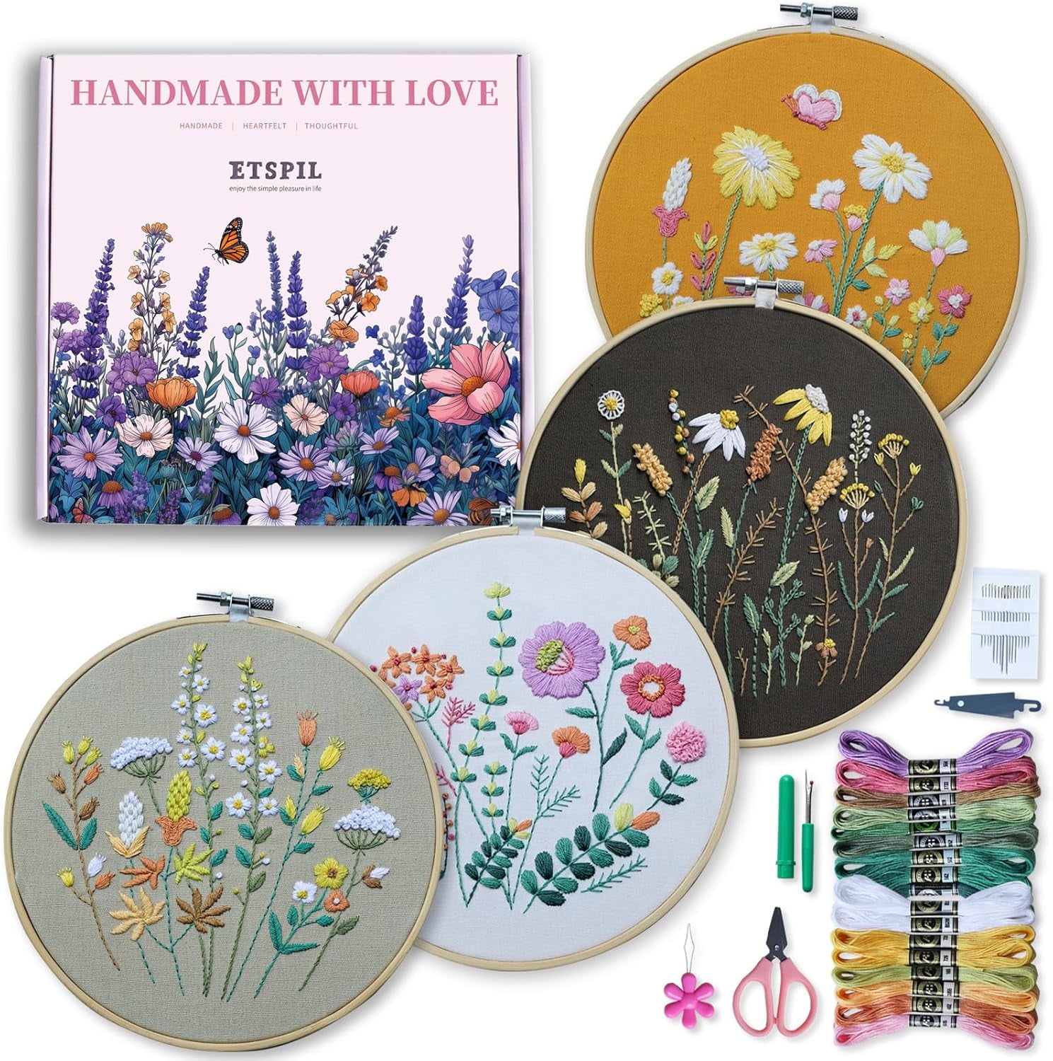 CLIQKWEN 4 Pack Beginner Embroidery Kits for Adults – DIY Starter Set with Stamped Floral Patterns, 7-Inch Adjustable Bamboo Hoop, Colorful Threads, Tools, Step-by-Step Instructions & Video Tutorials