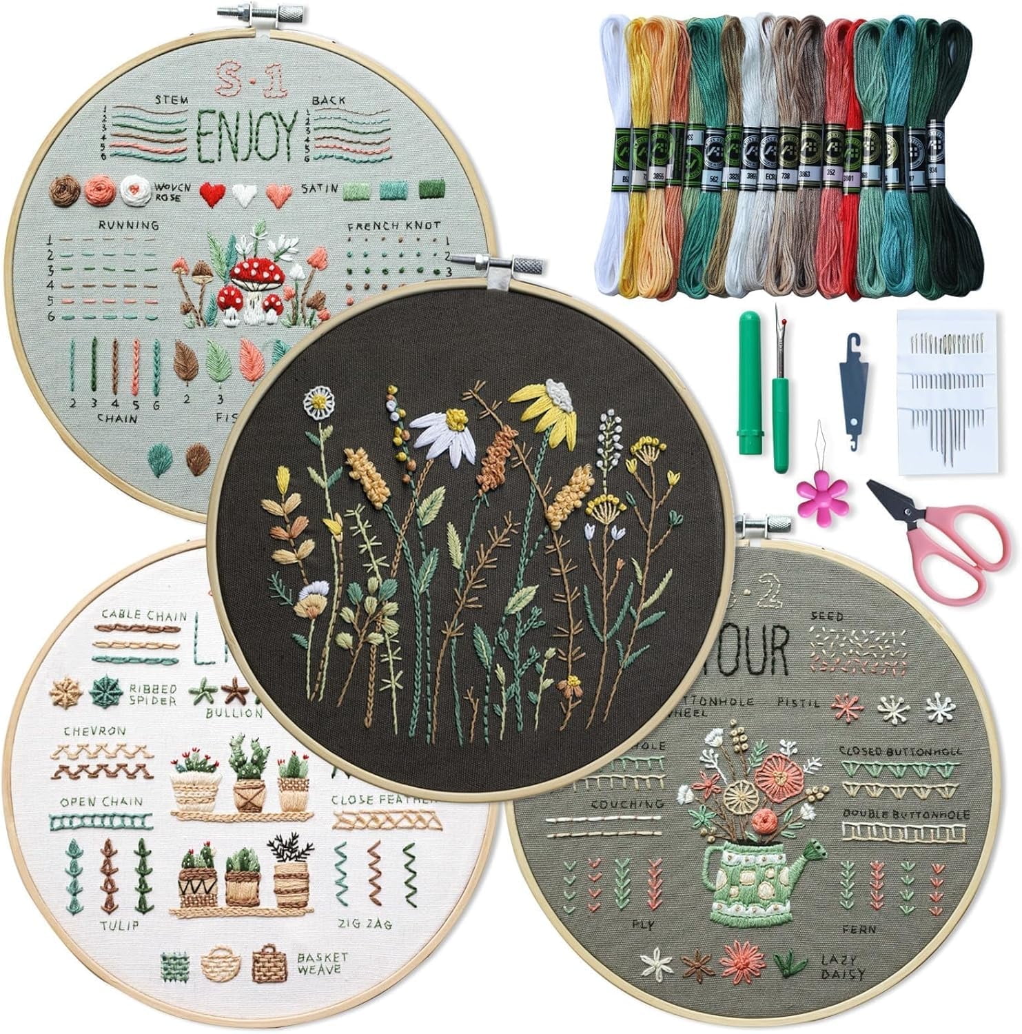 CLIQKWEN 4 Pack Embroidery Kit for Beginners & Adults Learn 33 Stitch Techniques with Floral Patterns, Complete DIY Kit with Hoop, Color Threads, Tools, Easy Instructions & Video-Great for Gifting