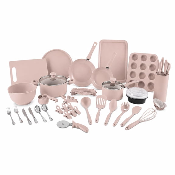 Elements by Thyme & Table 60-Piece Ceramic Non-Stick Cookware Set - Dusty Rose