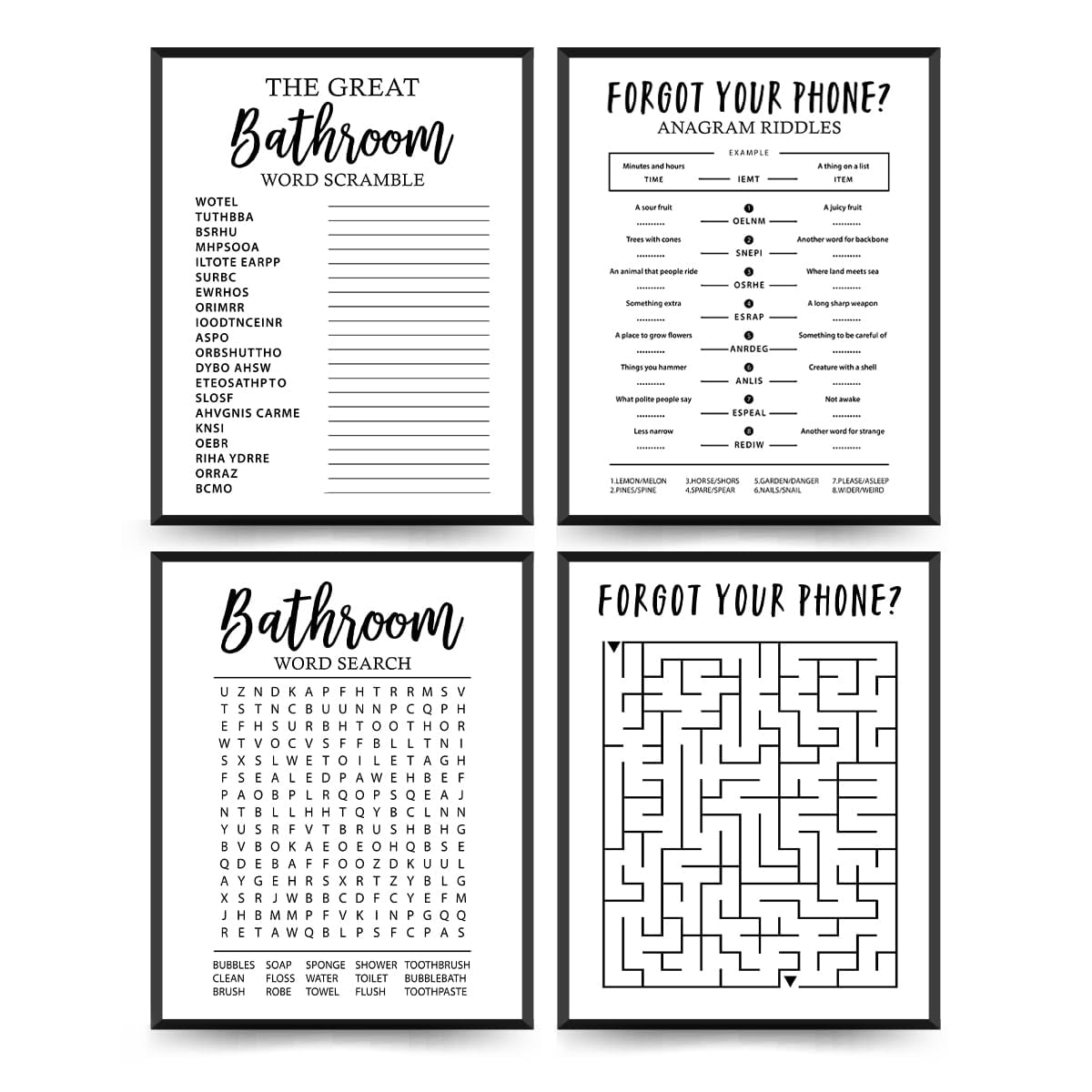 ETVISO Funny Bathroom Decor Wall Art Set of 4, Funny Bathroom Crossword ...