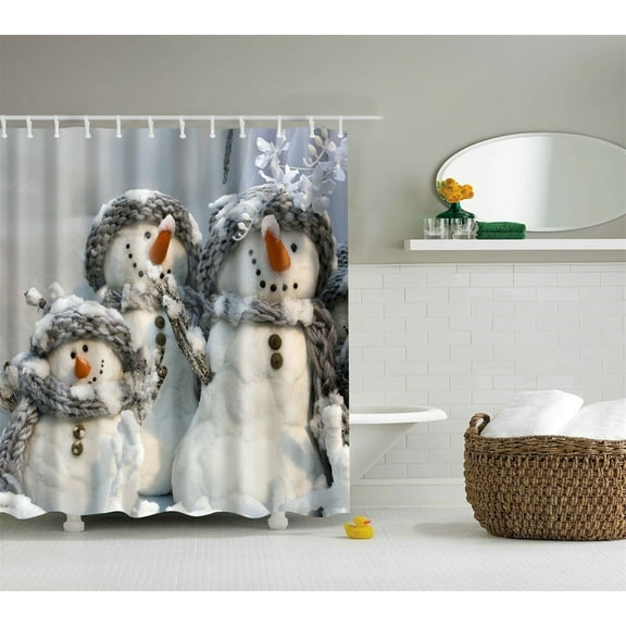 EUBUY Christmas Shower Curtain Waterproof Polyester Snowman Shower Curtain with 12pcs Hooks Bathroom Gray 70.86"x70.86"