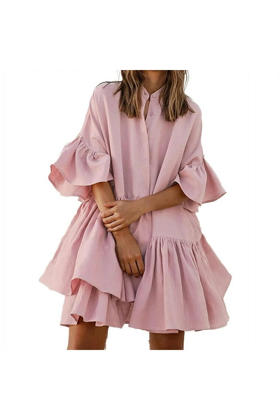Spring Summer Ruffle Sleeve Tiered Babydoll Dress for Women Flowy Swing Mini Dress Boho Flowy Pleated Dress Pink XL