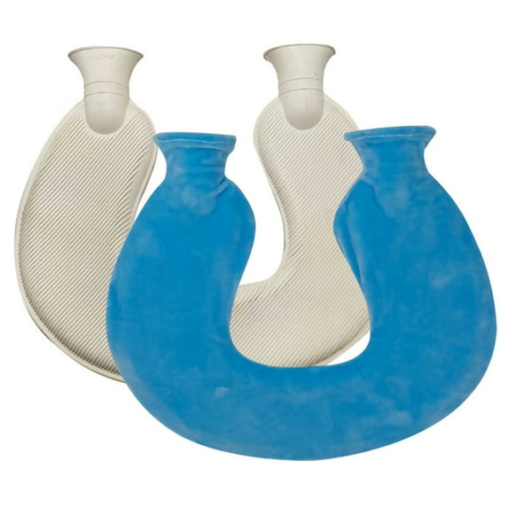 EUBUY U-shaped Hot Water Bottle 1L Rubber Hot Water Bag with Plush Cover Portable Hot Water Bottle for Pain Neck and Shoulder Blue