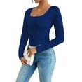 thumbnail image 1 of EUBUY Womens Top Striped U-Neck Bodysuit Long Sleeve Pullover Knitted Ribbed Fashion T-shirt Royal Blue M, 1 of 7