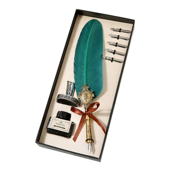 EUBUY Writing Quill Pen Feather Pen Calligraphy Ink Dip Pen Set Luxury Vintage Signature Fountain Pen Gift Kit with Pen Stand Holder Dark Green