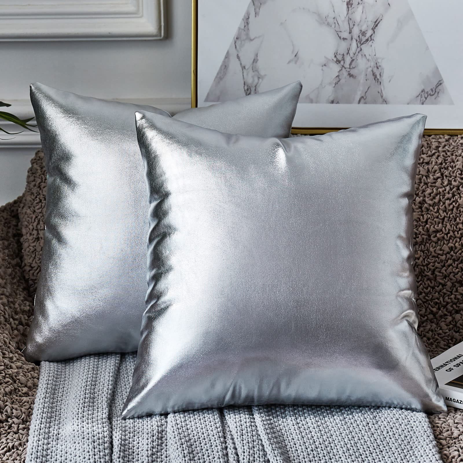 Silver Faux Leather 18x18 Throw Pillow Covers, Set of 2