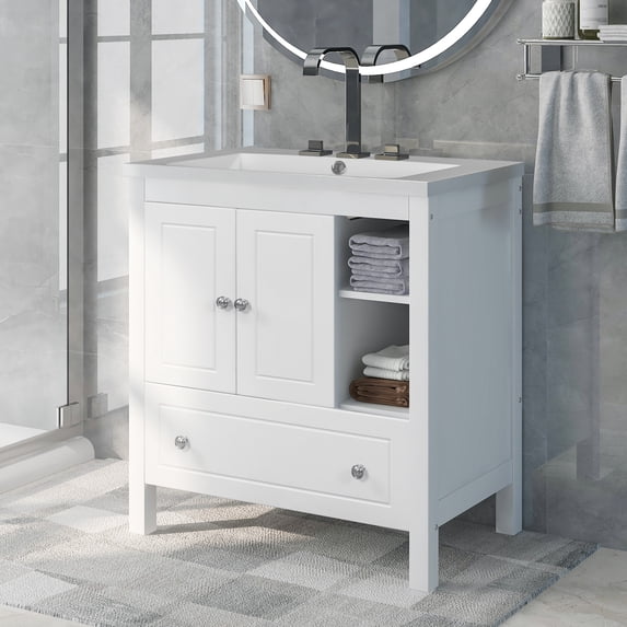 EUCOCO 30" Bathroom Vanity with Sink, Bathroom Storage Cabinet with Doors,Drawers and Adjustable Shelf, Solid Wood Frame, Ceramic Sink, White