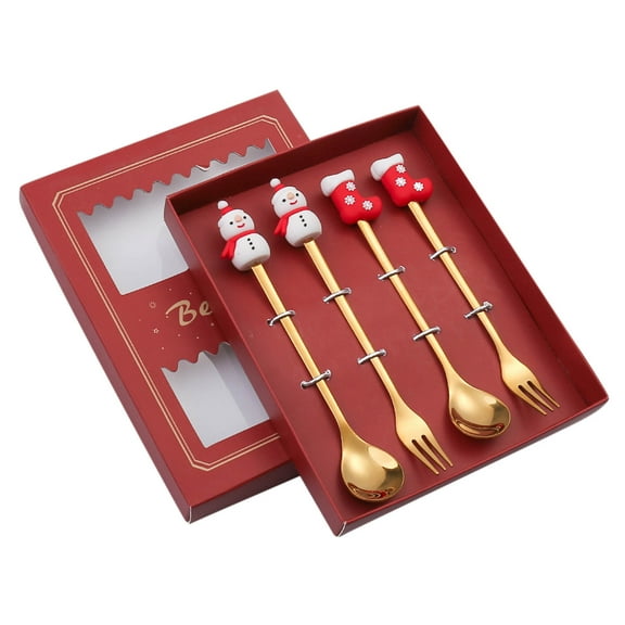 EUDIDV Christmas Products 4PCS Stainless Steel Christmas Spoon Gift Set Dessert Spoon Fork Coffee Spoon Christmas Pendant Spoon Tableware Set Festive Supplies