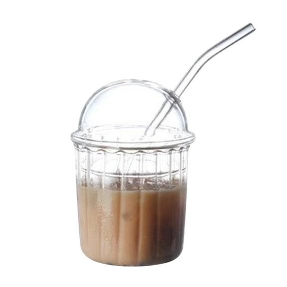 EUDIDV Clear Glass Cup Cute Drinking Glasses With Glass Dome Lid And Straw, Reusable Wide Mouth Milkshakes Cups 15oz Glass Coffee Iced Cup For Home Office Bar Borosilicate Glass Cup