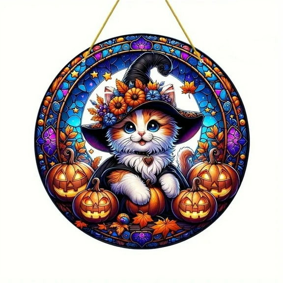 EUDIDV Creepy Props Kitty Witch Halloween Pendant Acrylic Halloween Hanging Decoration Flat Display For Window Hanging Spooky Halloween Ornaments