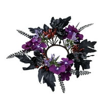 EUDIDV Creepy Tabletop Decor Halloween Artificial Flowers Purple And Black Silk Fake Maple Leaves Candlestick Wreath For Home Party Dining Table Candle Holders Halloween Figurines