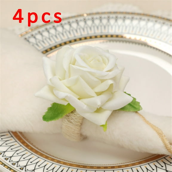 EUDIDV Decorative Faux Flowers 4PCS Rose Flower Napkin Rings Artificial Flower Napkin Holders Serviette Buckles Artificial Flowers