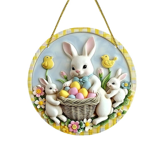 EUDIDV Easter Decorations Easter Eggs Easter Bunny Family Round Pendant Window Decoration Porch With Chain Tag Outdoor Decoration Easter Party Supplies