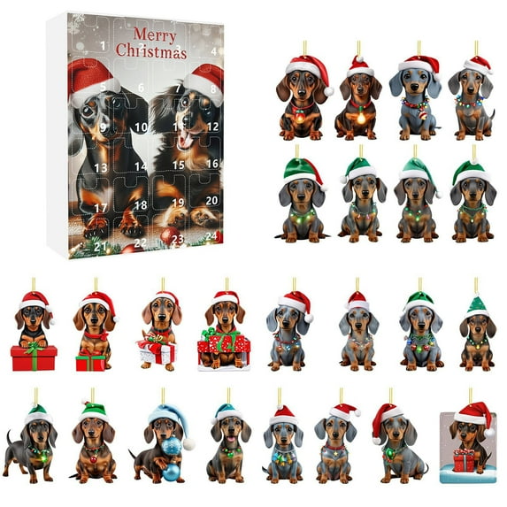 EUDIDV Xmas Tree Decor 2024 Festival Vacation Advent Calendar 24 Day Christmas Countdown Calendar Dachshund Pendant With Santa Hats 2D Xmas Tree Chicken Ornaments For Christmas Party Hanging Decor