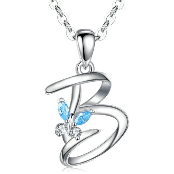 EUDORA Sterling Silver B Initial Necklaces with Blue Butterfly, Script Letter Alphabet Pendant Jewelry Gift for Women, Sister, 18 inch Chain