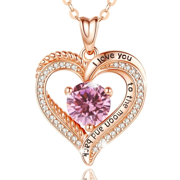 EUDORA Sterling Silver October Birthstone Necklaces for Women on Birthday, Rose Gold Heart I Love You to the Moon and Back Pendant Jewelry Cubic Zirconia, Gifts for Mom Daughter, Oct Rose Pink