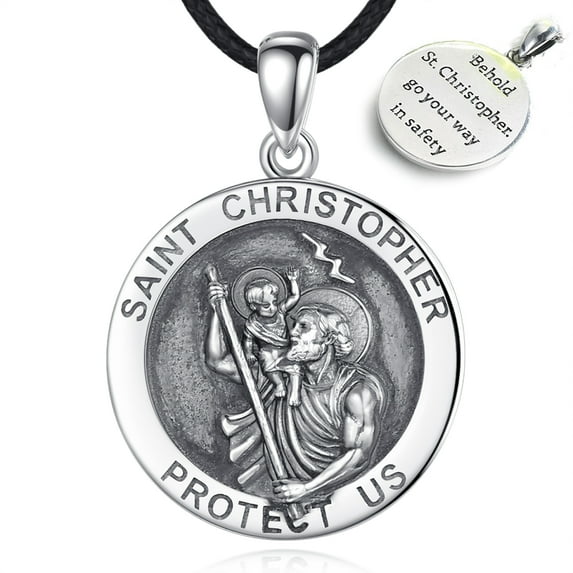 EUDORA Sterling Silver St Christopher Necklace for Man Women, Round " Saint Christopher Protect Us " Good Luck Spiritual Pendant, 24 inches Black Rope
