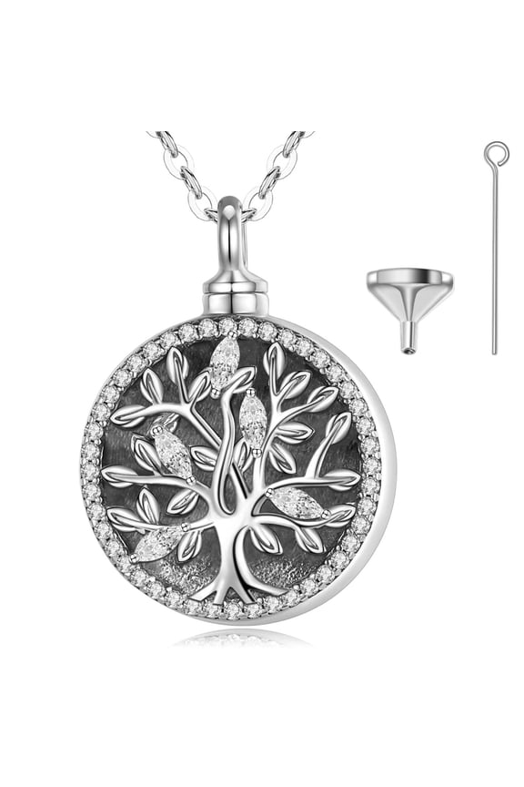 Sterling Silver Tree of Life Cremation Necklace, Personalized CZ Stones Urns Neckless for Human Pet Ashes, Memorial Jewelry Keepsake, 20 inches Chain