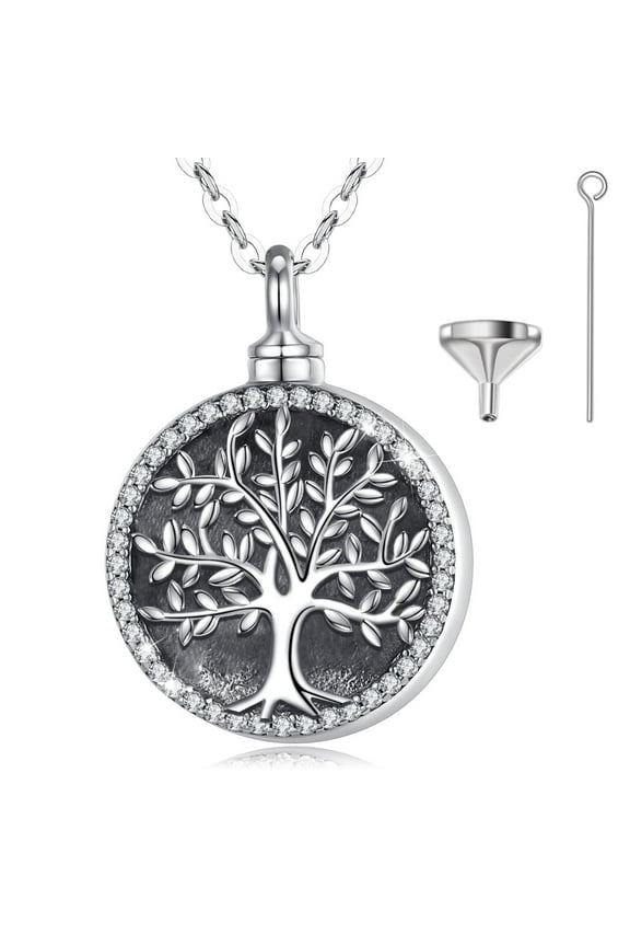 Sterling Silver Tree of Life Cremation Necklace, Vintage Urns Personalized Neckless for Human Pet Ashes, Memorial Jewelry Keepsake, 20 inches Chain