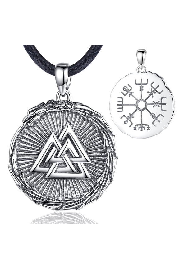 Sterling Silver Viking Valknut Necklace for Men, Norse Amulet Dragon Nordic Vegvisir Odin Knot Hrungnirs Heart Pagan Talisman 24 Cord