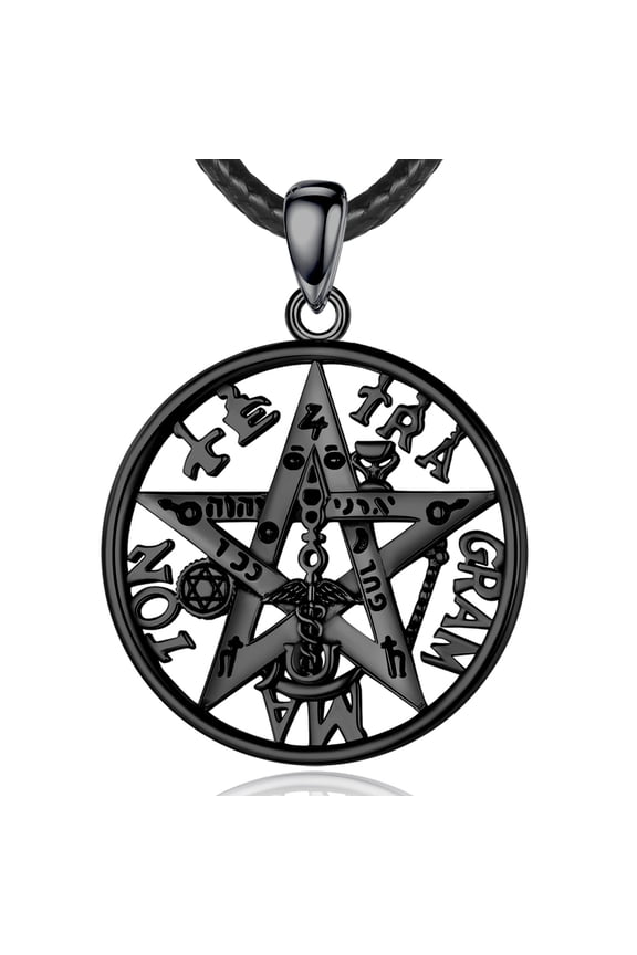 Tetragrammaton Necklace Amuleto de Proteccion Punk Black Plated Sterling Silver Pentagram Necklace for Mens Pentacle Jewelry Witchy Gifts for Men Women Pagan Talisman, 24" Rope