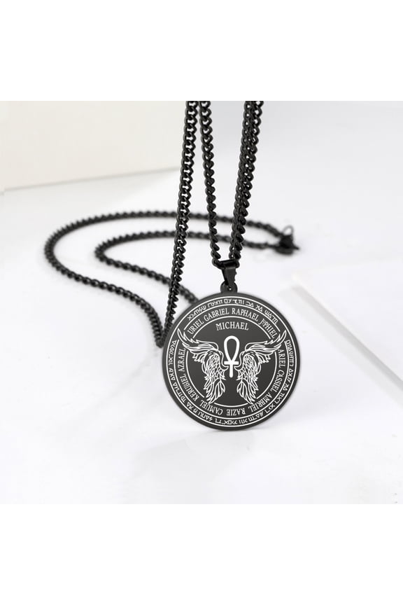 Black Archangel Michael Rune Pendant Necklace Religious Amulet Stainless Steel Jewelry