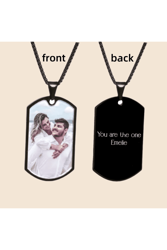 Black Personalized Picture Necklace for Men Engraved Photo Necklace with Text Photo Dog Cat Tag Necklace Anniversary Gift