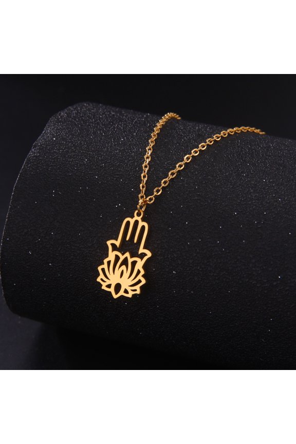 Gold Lotus Hand Pendant Necklace Stainless Steel Jewelry