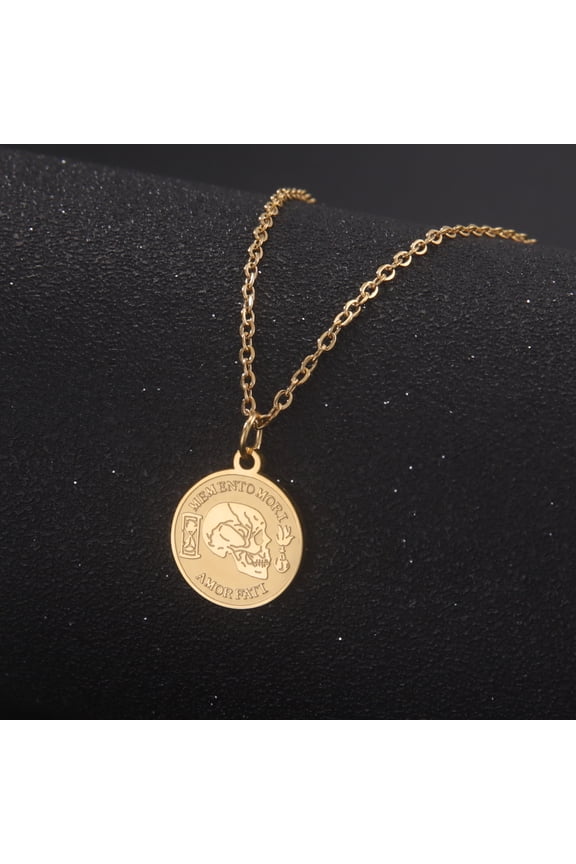 Gold Plated Etched Skull Pendant Necklace Stainless Steel Jewelry