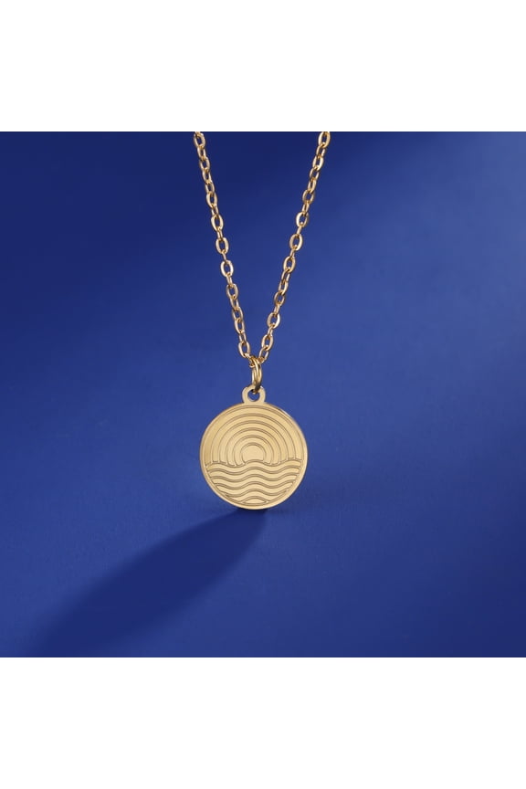Gold Water Wave Pattern Round Plate Pendant Necklace Stainless Steel Jewelry