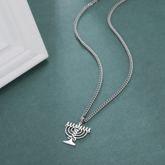 EUEAVAN Hanukkah Candle Menorah Pendant Necklace for Women Men Faith Lamp Stainless Steel Emblem Jewish Religious Jewelry Gifts