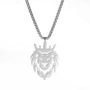 EUEAVAN Lion with King Crown Necklaces for Men Stainless Steel Silver Pendant Necklace