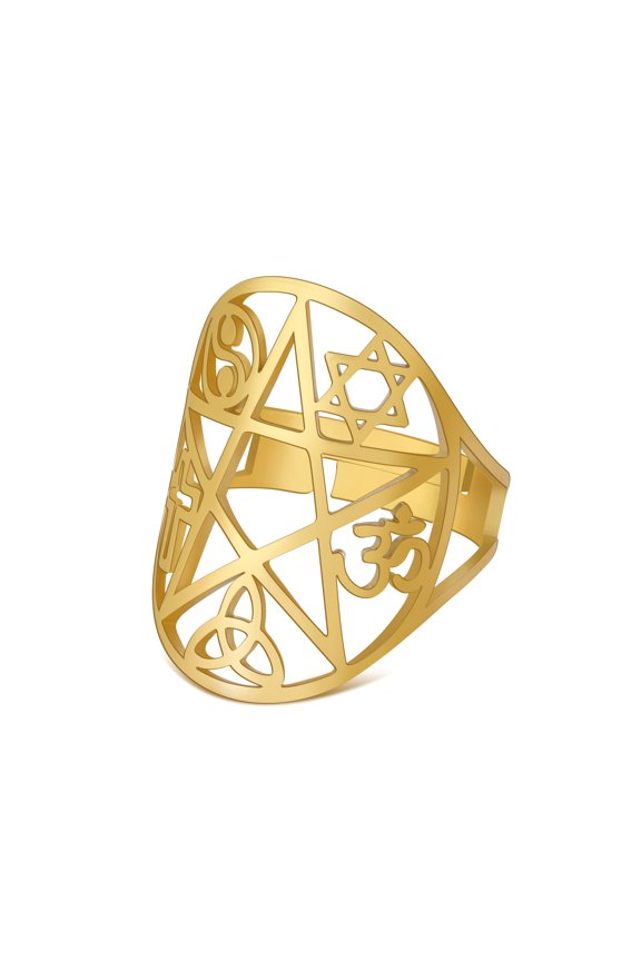 Pentacle Pentagram Adjustable Gold Rings Triquetra Knot Yin Yang Cross Om Symbol Ring