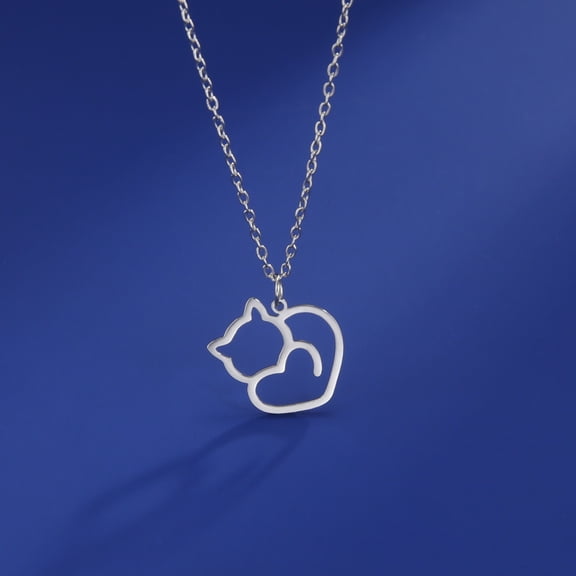 EUEAVAN Silver Cat Love Heart Pendant Stainless Steel Necklace Jewelry