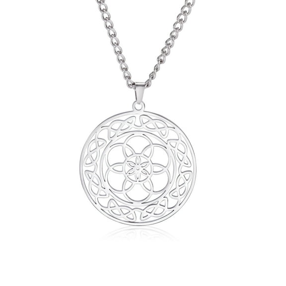 EUEAVAN Silver Circular Immortal Flower Pendant Necklace Stainless Steel Jewelry