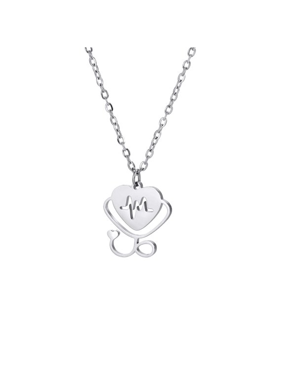 Silver Doctor Electrocardiogram Stethoscope Pendant Necklace Stainless Steel Jewelry