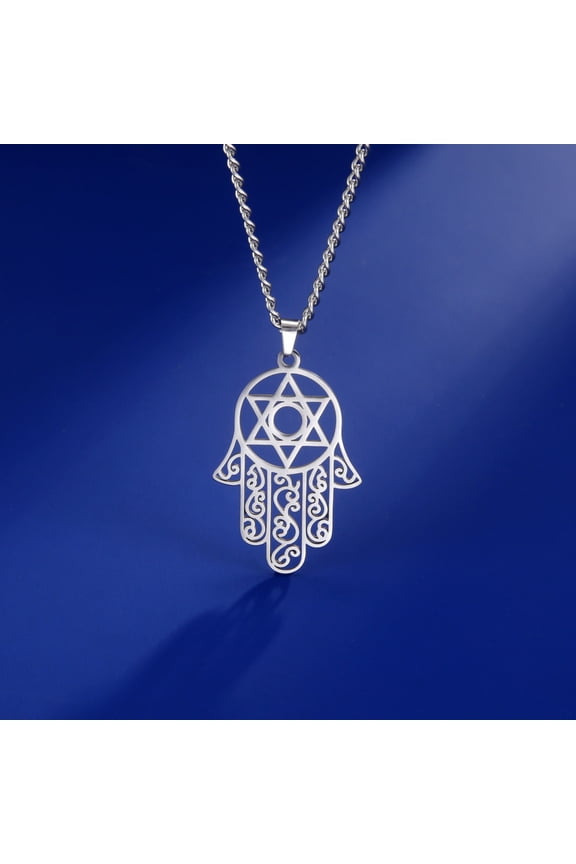 Silver Hand of Fatima Star of David Pendant Necklace Stainless Steel Jewelry