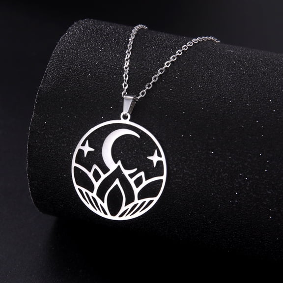 EUEAVAN Silver Lotus Moon Star Circular Pendant Necklace Stainless Steel Jewelry