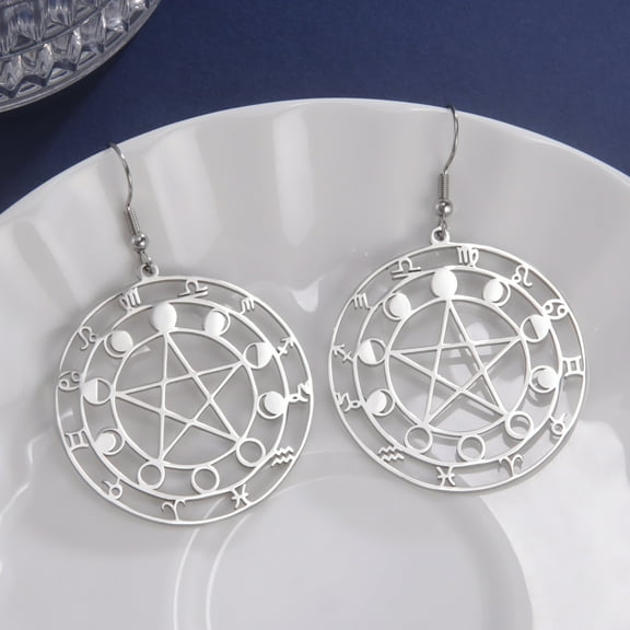 EUEAVAN Silver Pentagram Pentacle Big Earrings Moon Phase 12 Constellations Magic Amulet Wiccan
