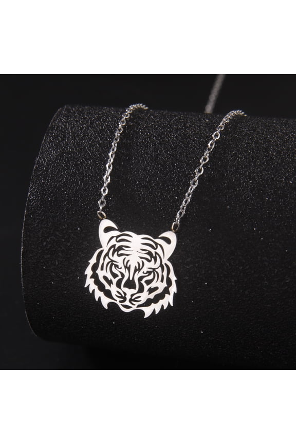 Silver Tiger Head Pendant Necklace Stainless Steel Animal Jewelry