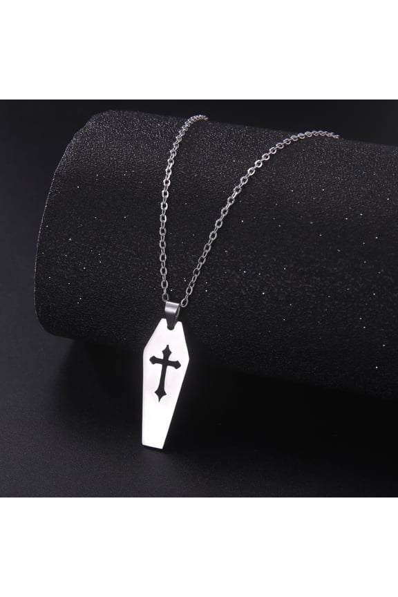 Silver Vampire Coffin Cross Pendant Necklace Stainless Steel Jewelry