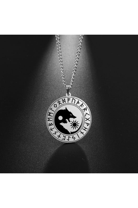 Silver Viking Runes Wolf Stainless Steel Necklace Yin Yang Wolf Pendant Vintage Jewelry
