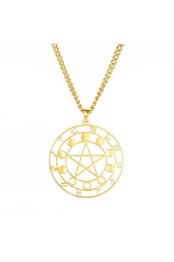 Twelve Constellations Moon Pentagram Witch Pendant Necklace Gold Color Stainless Steel Jewelry